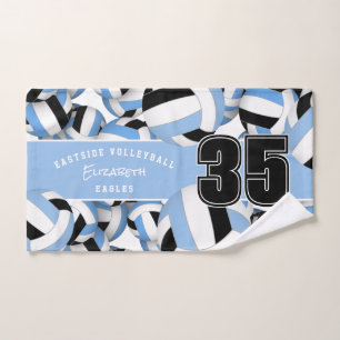 Lots of volleyballs athlete name light blue black hand towel