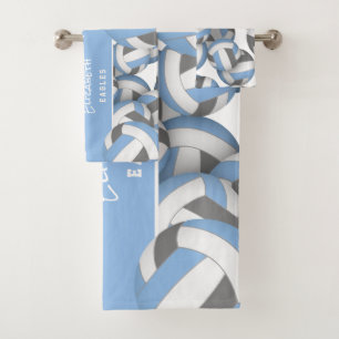 Lots of volleyballs athlete name light blue grey bath towel set