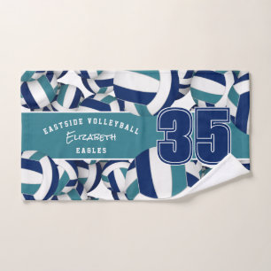 Lots of volleyballs athlete name navy blue teal hand towel