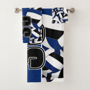 Lots of volleyballs custom player name blue black bath towel set