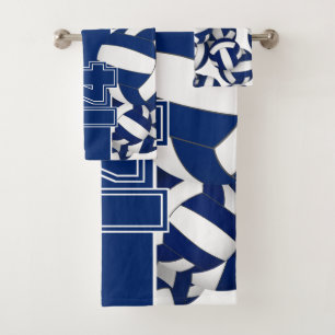 Lots of volleyballs player name blue team colors bath towel set