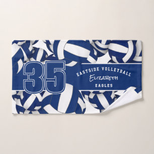 Lots of volleyballs player name blue team colours hand towel