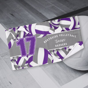 Lots of volleyballs purple grey team colours hand towel