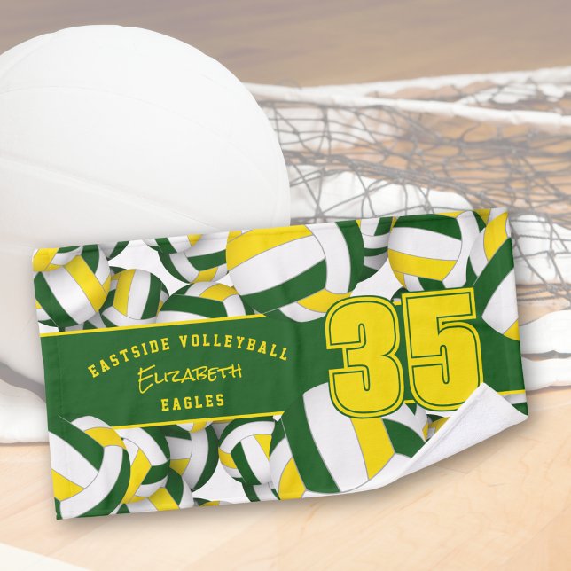 Lots of volleyballs sports club name green gold hand towel (Creator Uploaded)
