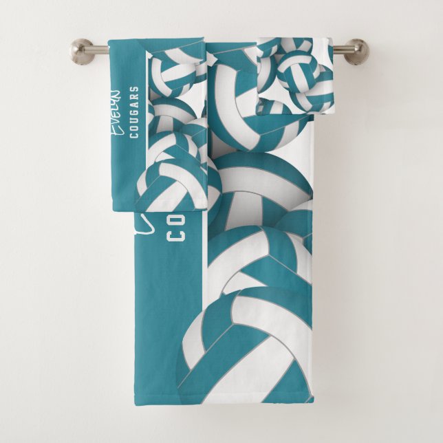 Lots of volleyballs team name teal white bath towel set (Insitu)