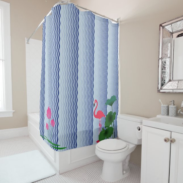 Lotus and Flamingo Waterfall Shower Curtain (In Situ)