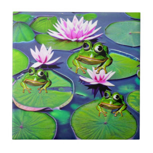 Lotus And Lily Pad Frogs Ceramic Tile