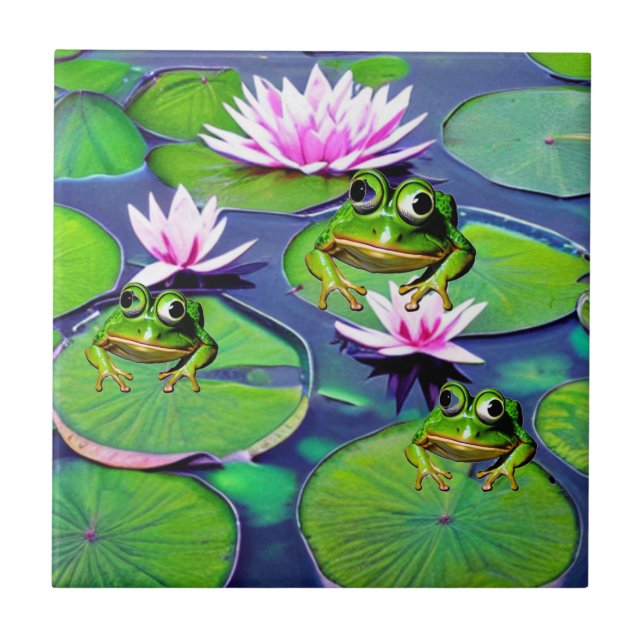 Lotus And Lily Pad Frogs Ceramic Tile (Front)