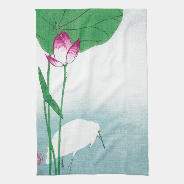 Lotus and White Heron, Koson, Ukiyo-e Tea Towel (Vertical)
