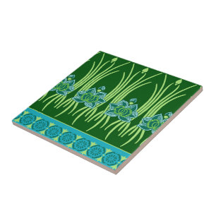 LOTUS, ART NOUVEAU FLORAL: BLUE GREEN SCENE TILE