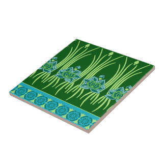 LOTUS, ART NOUVEAU FLORAL: BLUE GREEN SCENE TILE