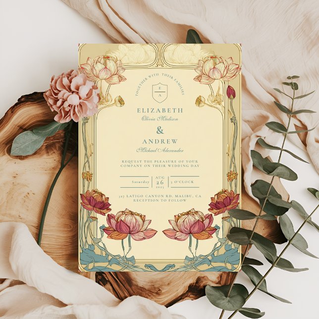 Lotus Art Nouveau Floral Wedding Invitation (Creator Uploaded)