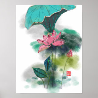 Lotus Asian Ink Art Print Poster