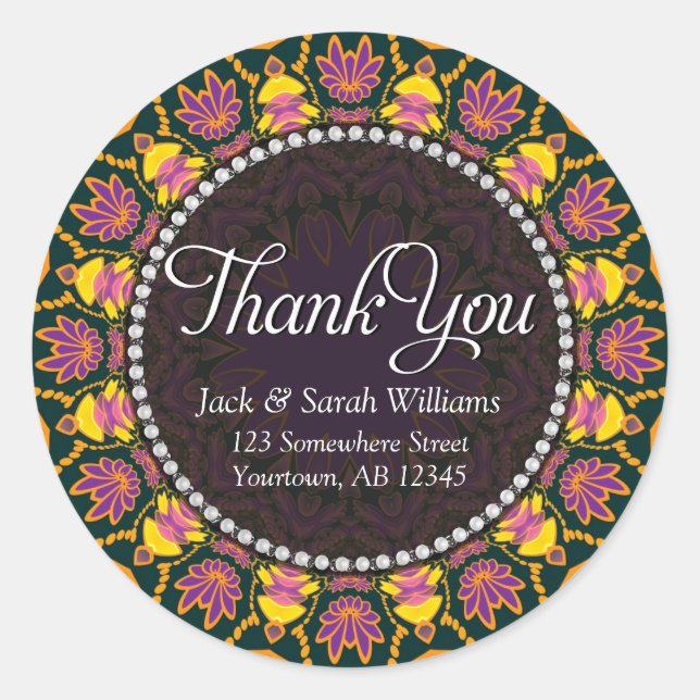 Lotus Batik Pink Yellow Thank You round Stickers (Front)