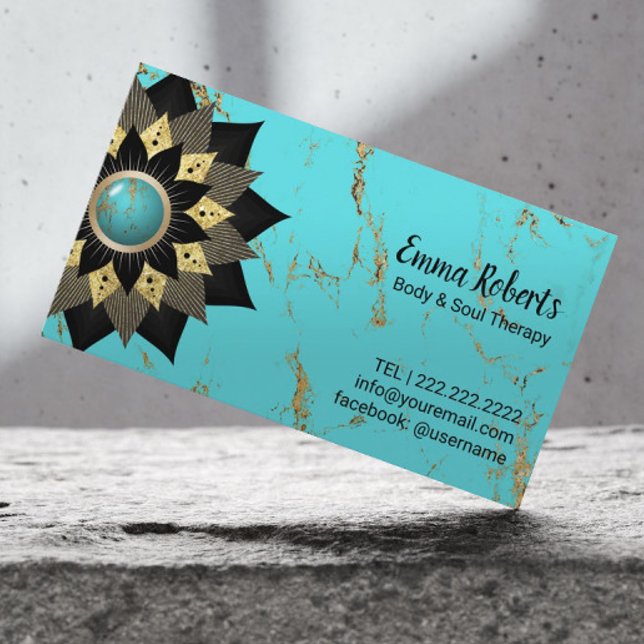 Lotus Black & Gold Flower Turquoise Yoga Therapist Business Card (Creator Uploaded)