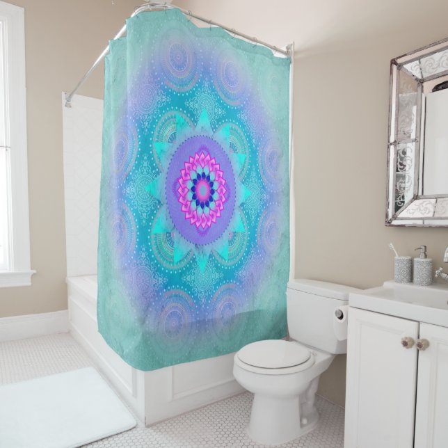 Lotus Bloom Turquoise Mandala Shower Curtain (In Situ)