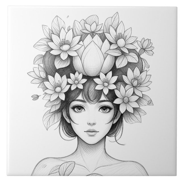 Lotus Blossom Maiden Ceramic Tile (Front)