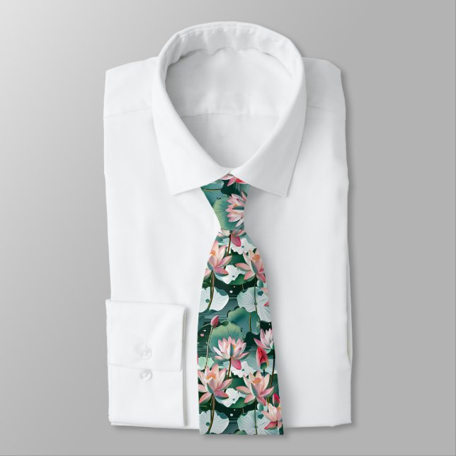 Lotus Blossoms & Lily Pads Seamless Elegant Floral Tie (Tied)