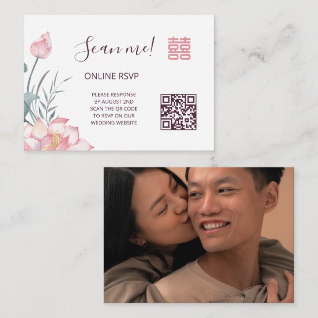 Lotus Chinese Wedding QR Code RSVP Online Enclosure Card (Front/Back)