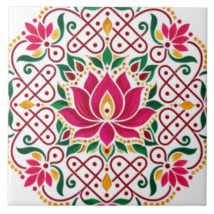 Lotus Diya Kolam Rangoli Indian Festive Floral Ceramic Tile