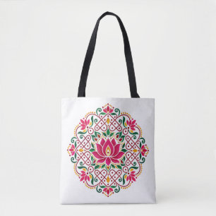 Lotus Diya Kolam Rangoli Indian Festive Floral Tote Bag