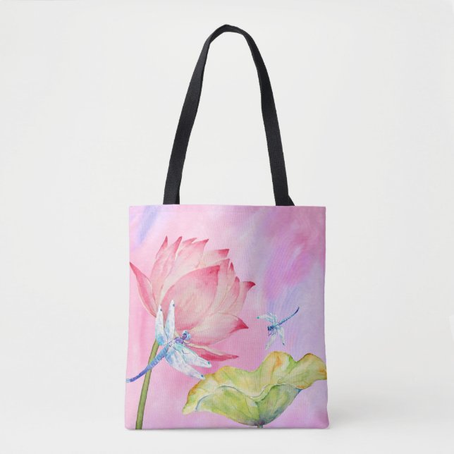 lotus dragonflies watercolor summer soft pink bag (Front)