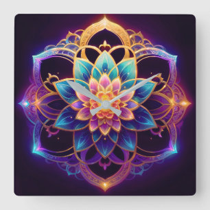 Lotus Emblem - Vibrant Geometric Floral Abstract Square Wall Clock