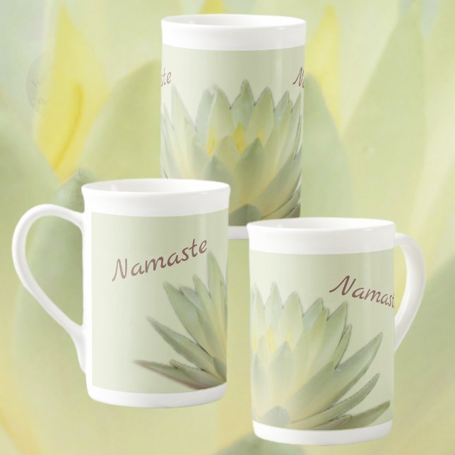Lotus Floral Botanical Namaste Pastel Yellow Green Bone China Mug (Creator Uploaded)