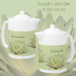 Lotus Floral Waterlily Botanical Pastel Green<br><div class="desc">A pastel yellow and green lotus waterlily adorns this chic photographic teapot. This is a beautiful serene and tranquil floral waterlily design inspired by Zen. The text may be personalised with a Name or your own text. This is original botanical flower photography by JLW_Photography.</div>