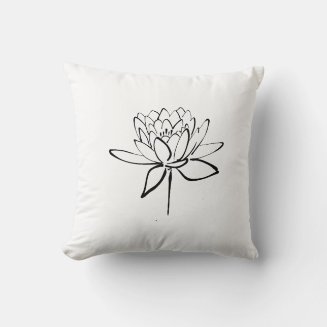 Lotus Flower Black and White Ink Drawing Art Cushion (Front)