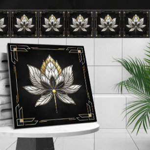 Lotus Flower - Black, Pearl and Gold Ceramic Tile