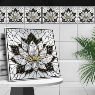 Lotus Flower - Black, Pearl and Gold Ceramic Tile