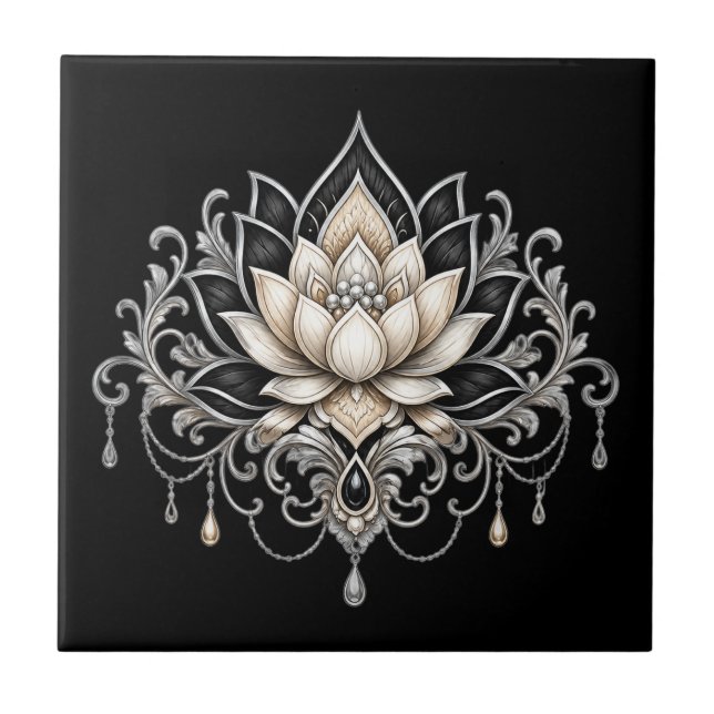 Lotus flower black silver floral botanical wall  ceramic tile (Front)