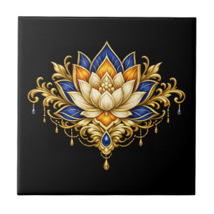 Lotus flower blue gold black floral indian wall ceramic tile
