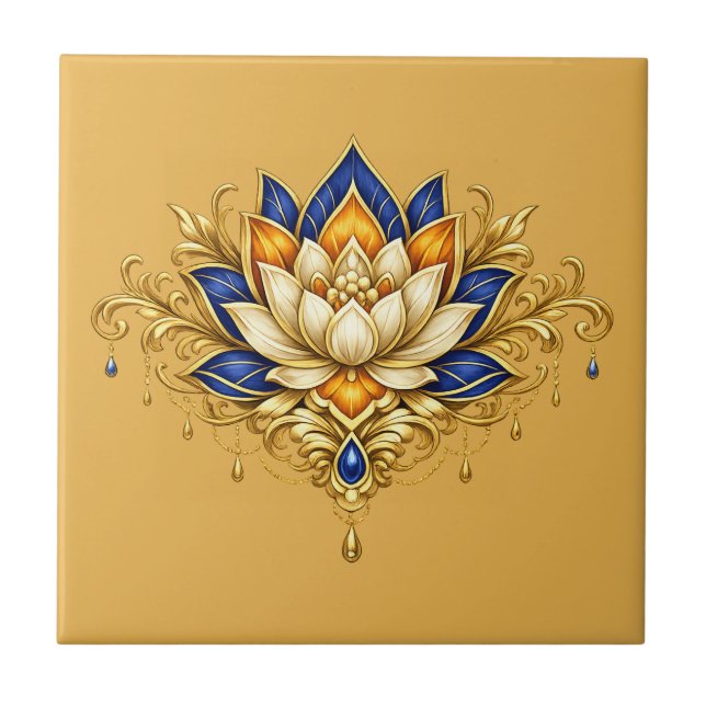 Lotus flower blue gold floral botanical wall ceramic tile (Front)