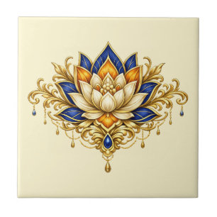 Lotus flower blue gold floral indian wall ceramic tile