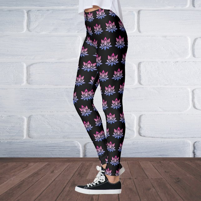 Lotus flower blue pink on black leggings (Creator Uploaded)