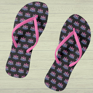 Lotus flower blue pink on black thongs