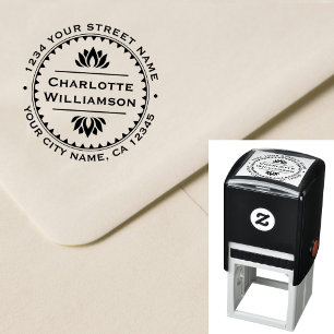 Lotus Flower Classic Border Circle Return Address Self-inking Stamp