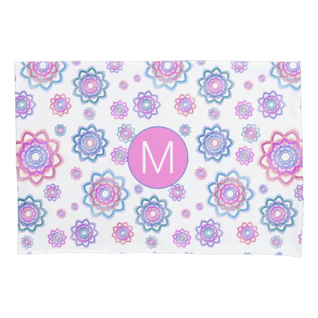 Lotus Flower Colourful Monogram Pink Pastel Green Pillowcase (Front-Left)