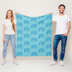 Lotus flower elephant pattern, turquoise fleece blanket