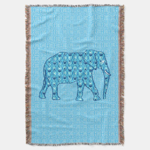 Lotus flower elephant, turquoise and aqua throw blanket