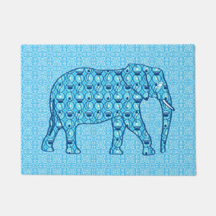 Lotus Flower Elephant, Turquoise and White Doormat