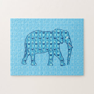 Lotus Flower Elephant, Turquoise and White Jigsaw Puzzle