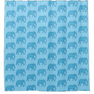 Lotus Flower Elephant, Turquoise and White Shower Curtain