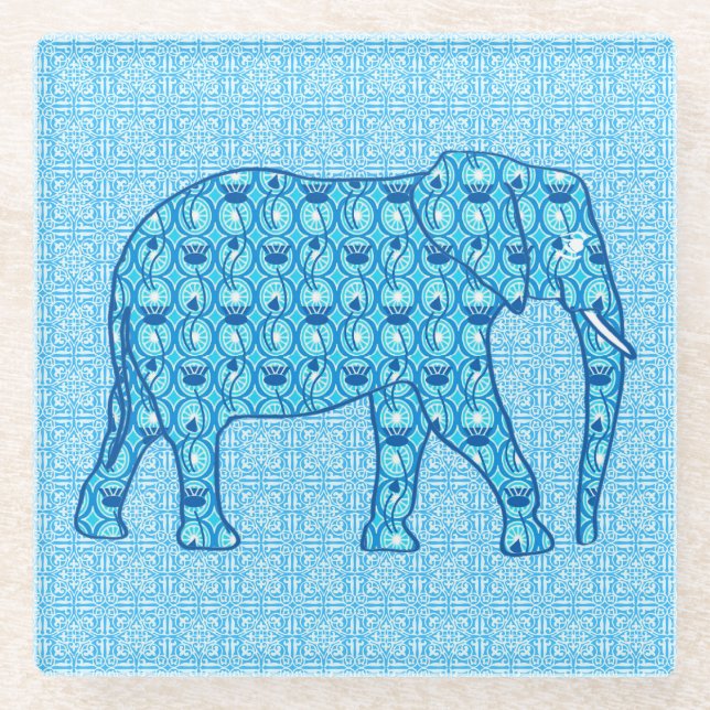 Lotus flower elephant - turquoise glass coaster (Front)