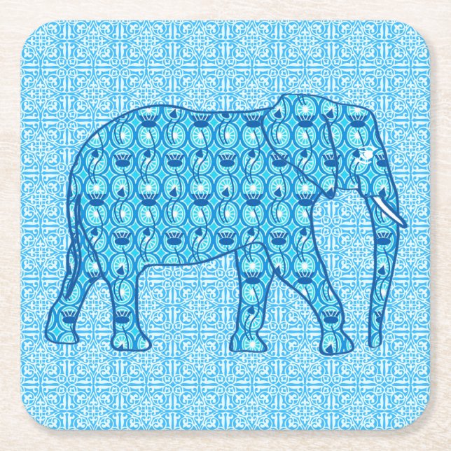 Lotus flower elephant - turquoise square paper coaster (Front)
