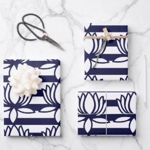 Lotus Flower Floral Stripe Pattern Wrapping Paper Sheet