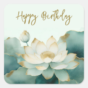  Lotus flower gold edges Happy Birthday Square Sticker