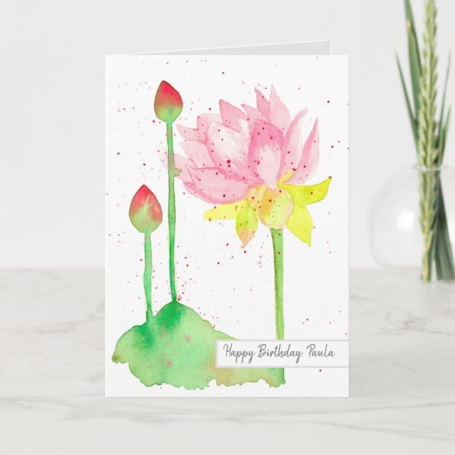 Lotus Flower Happy Birthday Custom Name Card (Front)